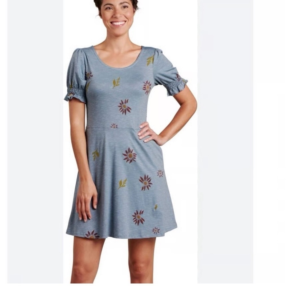 Toad & Co Laurel short sleeve blue floral dress m organic cotton blend XL
